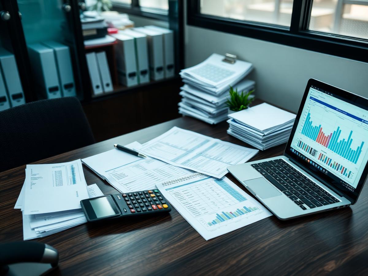 Society accounting desk with financial statements, calculator and reporting dashboard