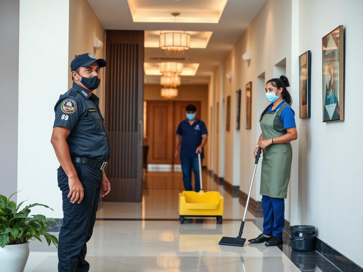 Security guard and housekeeping staff on duty in a residential society lobby