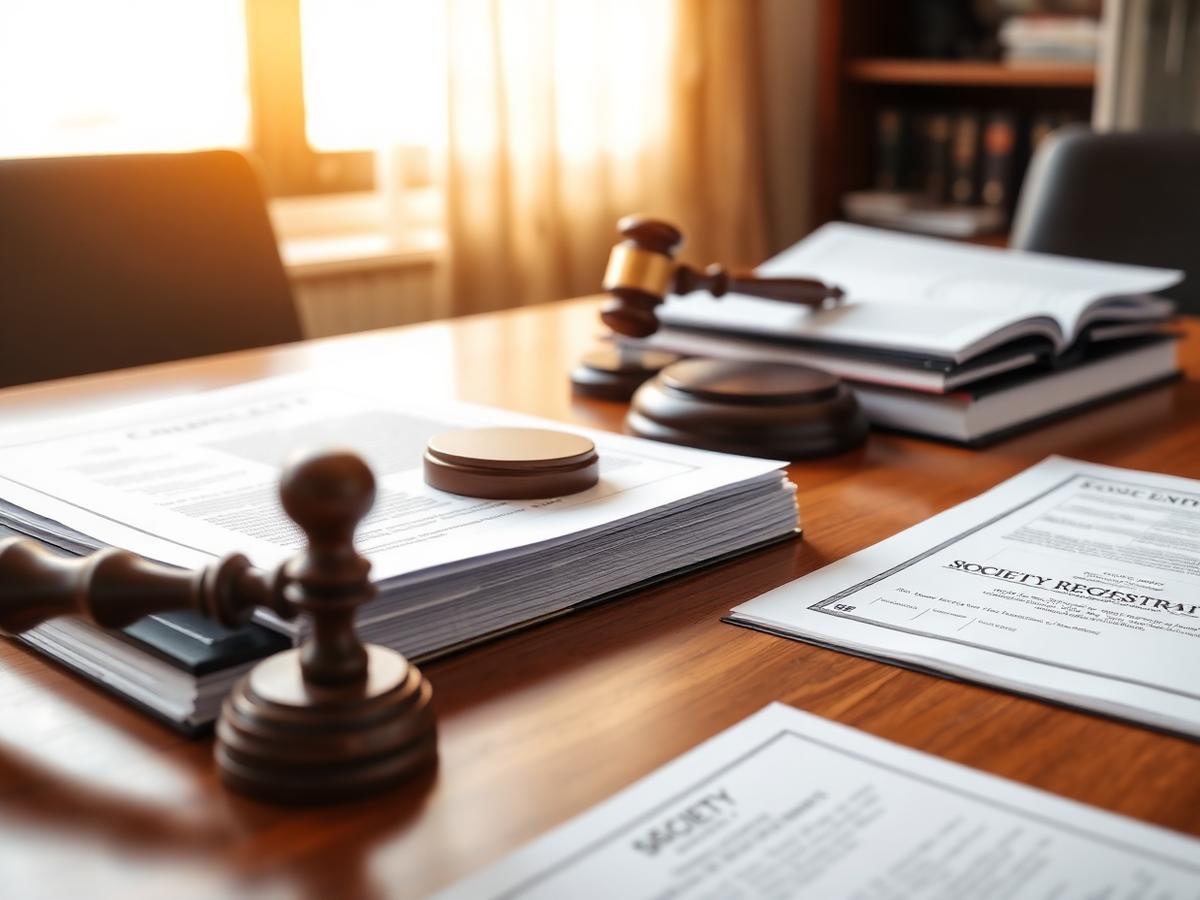 Society registration documents, stamp and law books on a desk