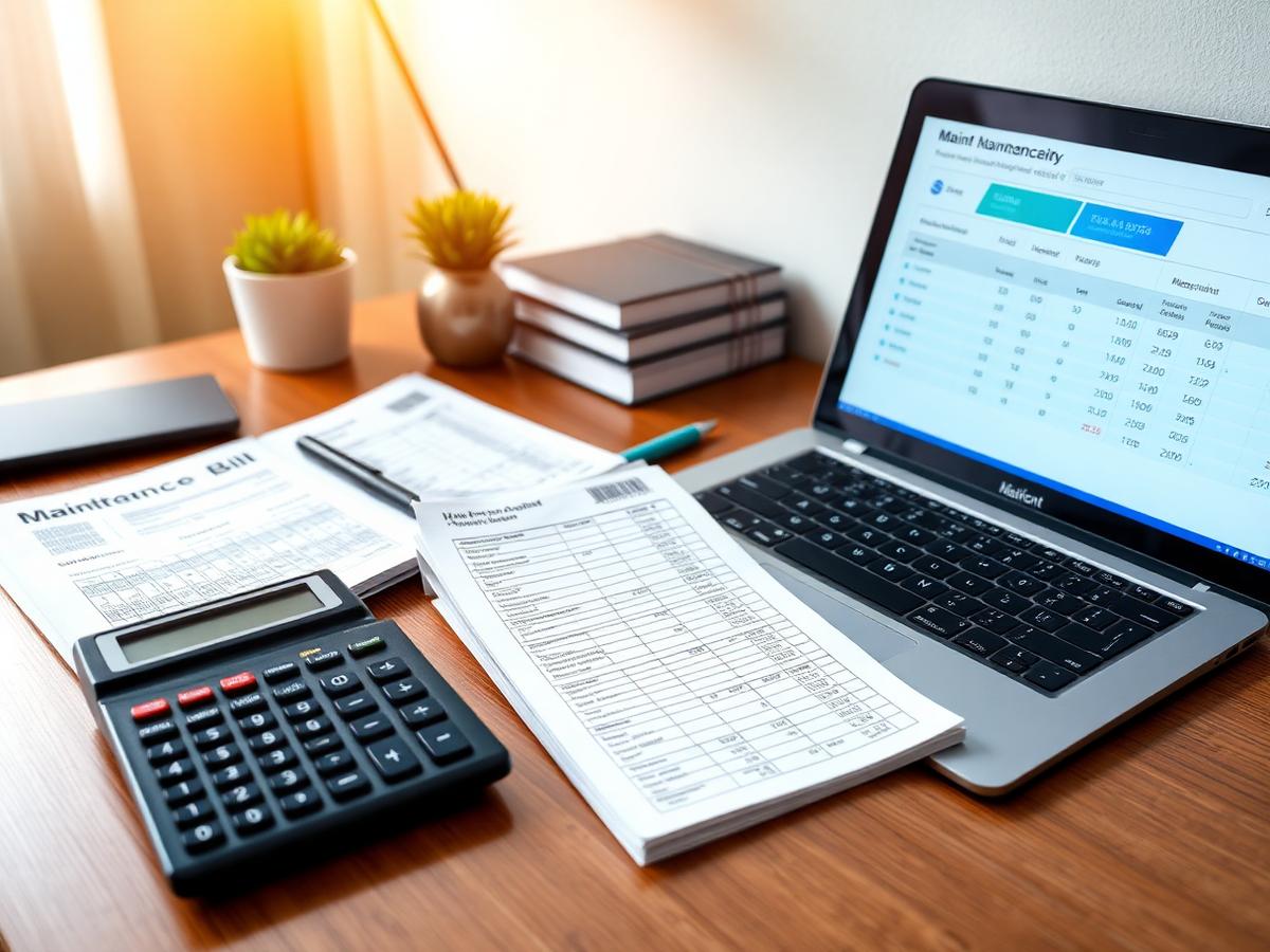 Maintenance bills, calculator and a billing dashboard on a laptop in a society office